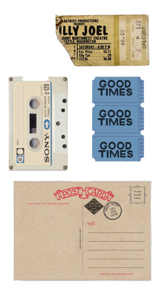 Torn theatre ticket, cassette, and postcard on paper